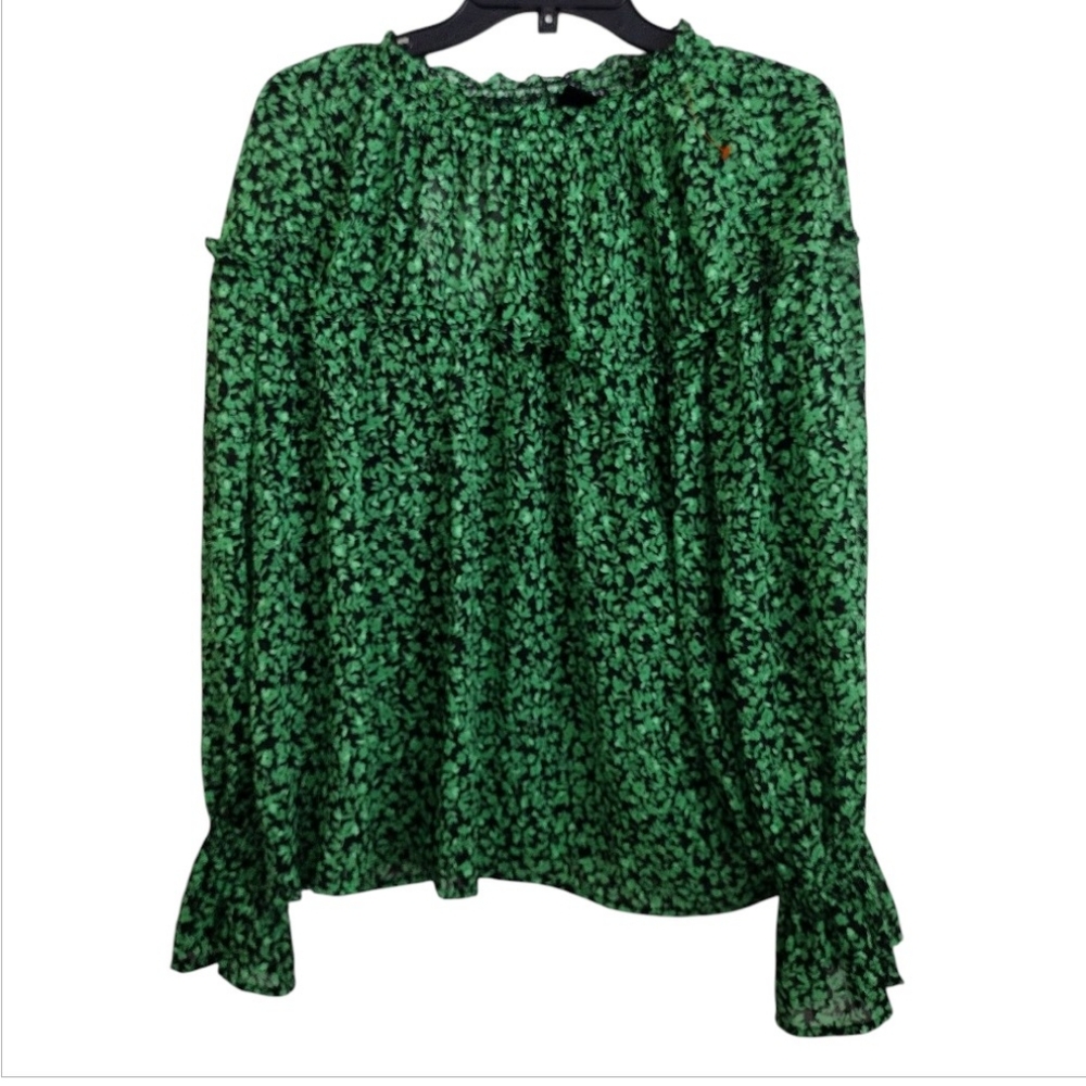 Who What Wear Botanical Ivy Green Black Floral Top With Ruffle Size Large